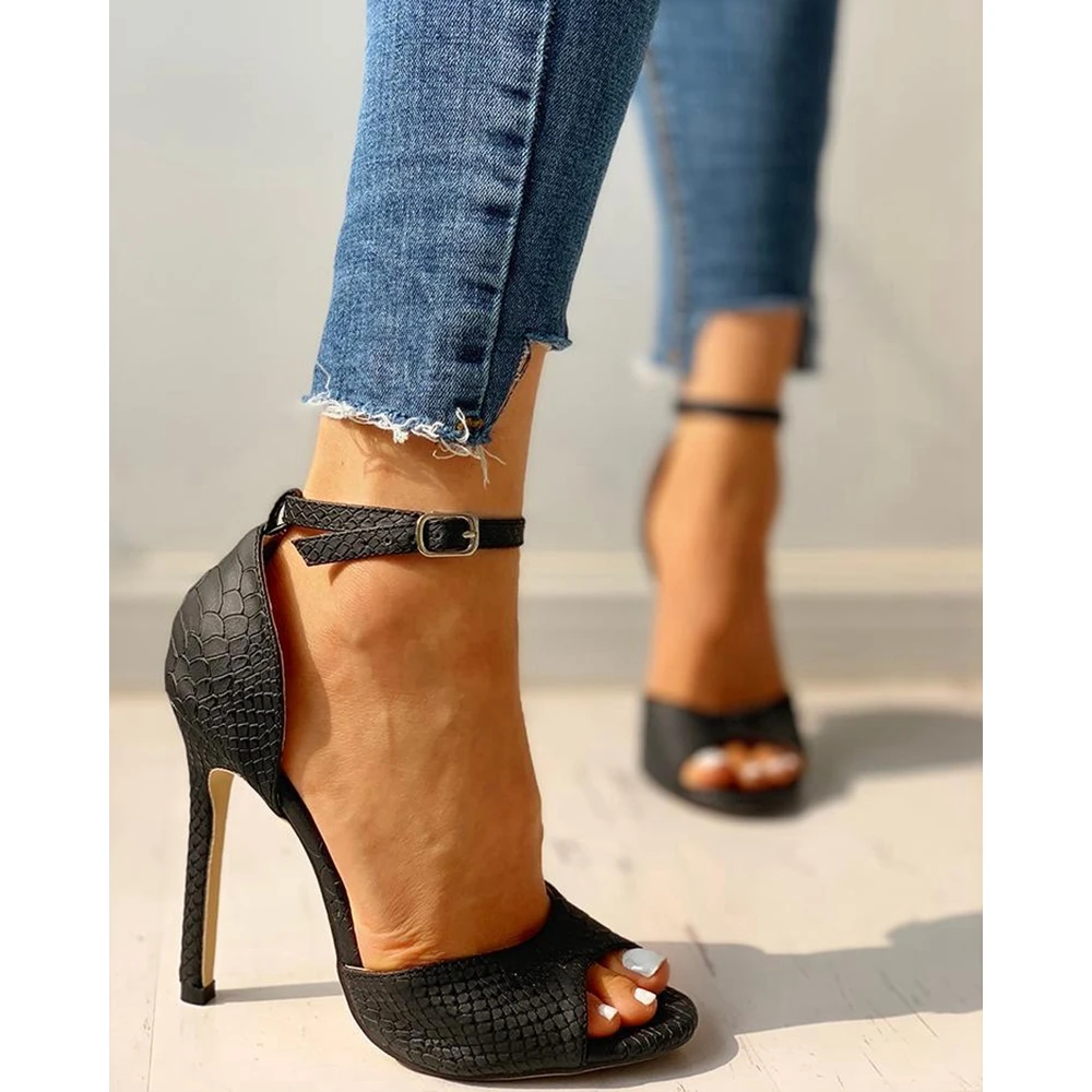 Fashion Women Snake Skin Pattern Peep Toe Cover Heeled Buckle Strap Pumps Pu Sandals Female Thin High Heel Party Summer Shoes