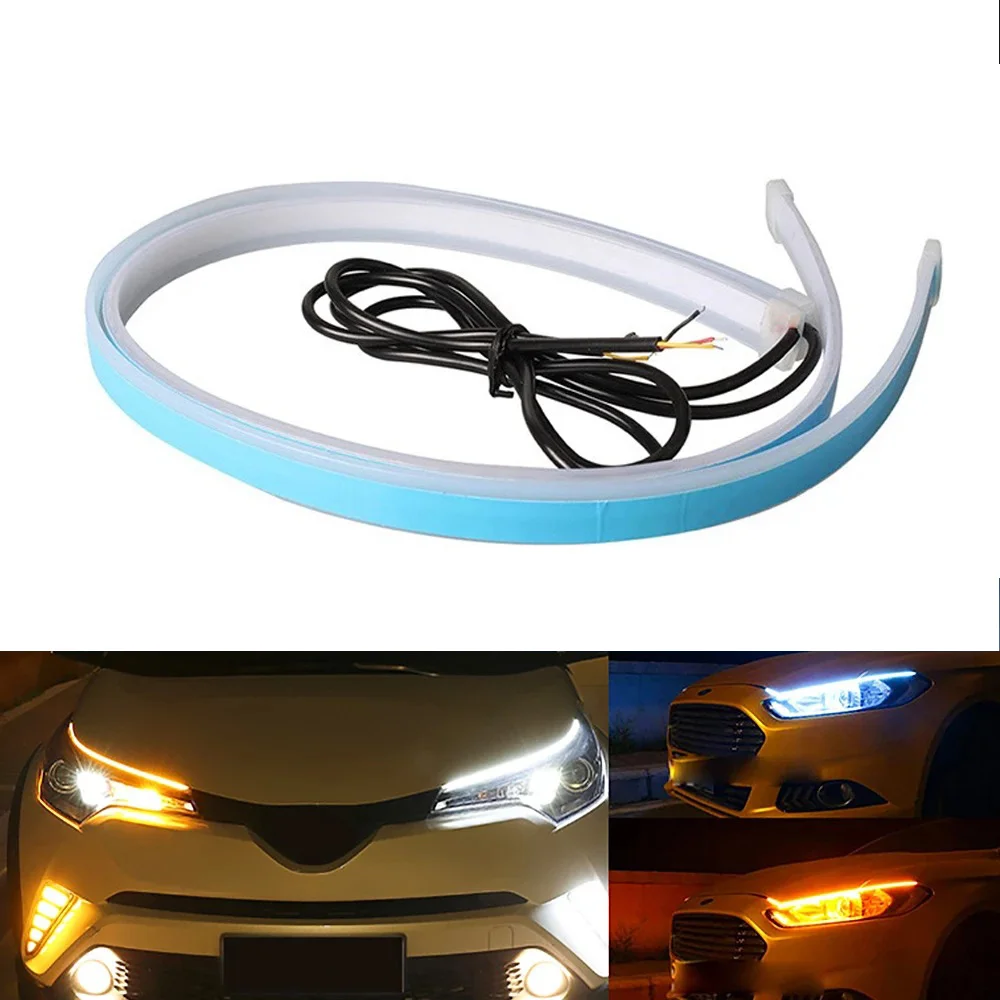 

2x 30/45/60cm DRL Daytime Running Strip LED White to Yellow Turn Signal Lights Waterproof Flexible Soft Tube Guide Headlight