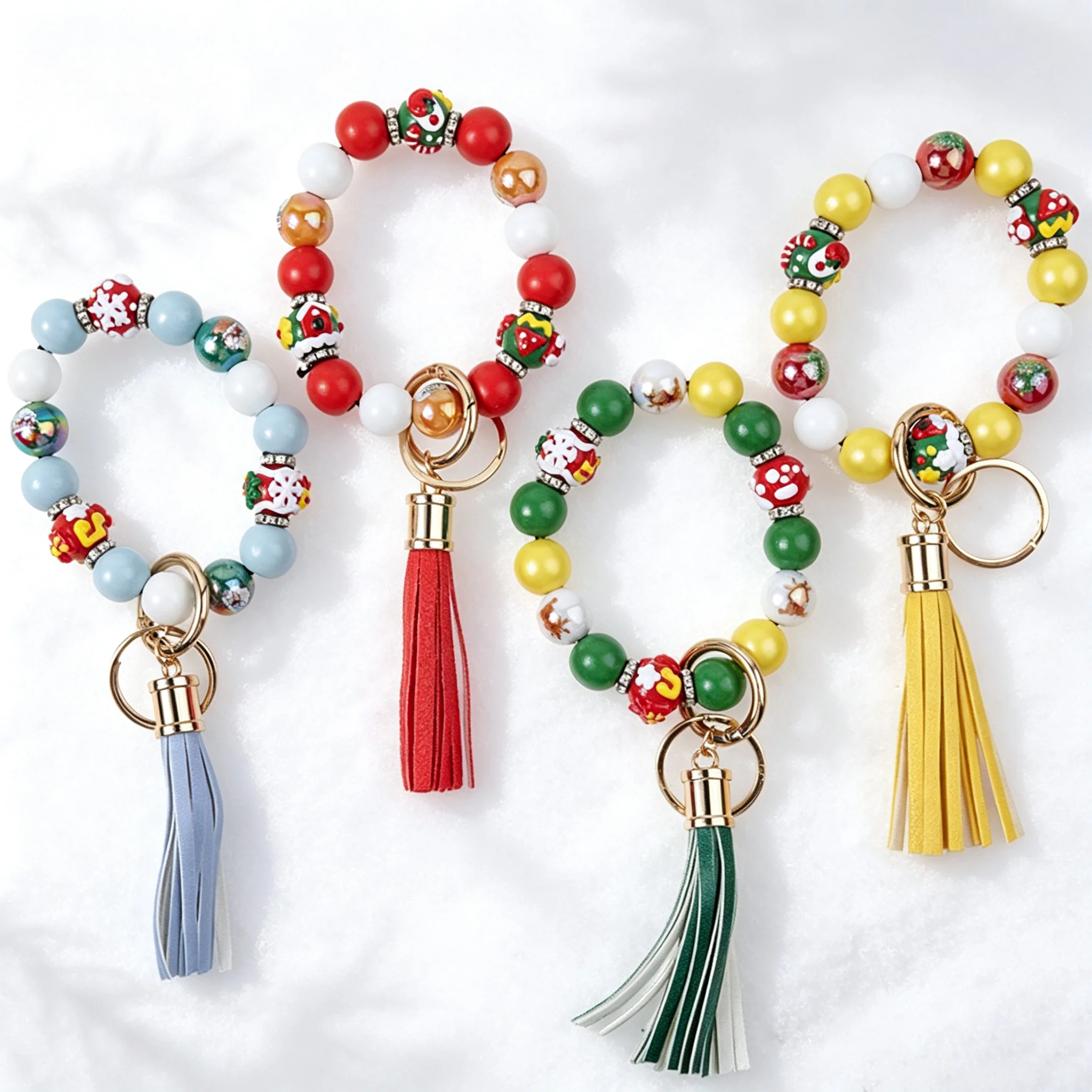 1 piece of fashionable acrylic beaded bracelet keychain wooden round bead handmade tassel pendant keychain bracelet jewelry