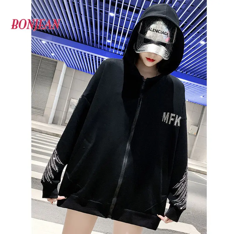 2023 Autumn/Winter Extra Large 4XL Beading Hooded Sweatshirt Women New Mid Length Hooded Cardigan Coat Oversized Korean Y2k