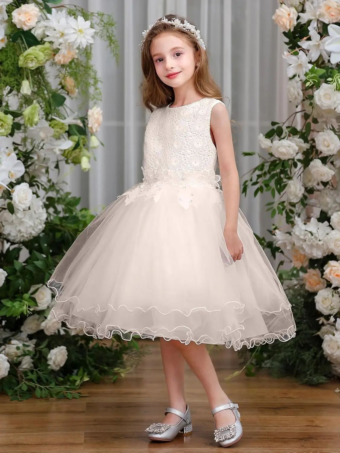 Vestido de menina de flor com renda chiffon, vestido de formatura de dança de aniversário de princesa, vestido fofo de comunhão sem mangas com laço para idades de 2 a 13 anos