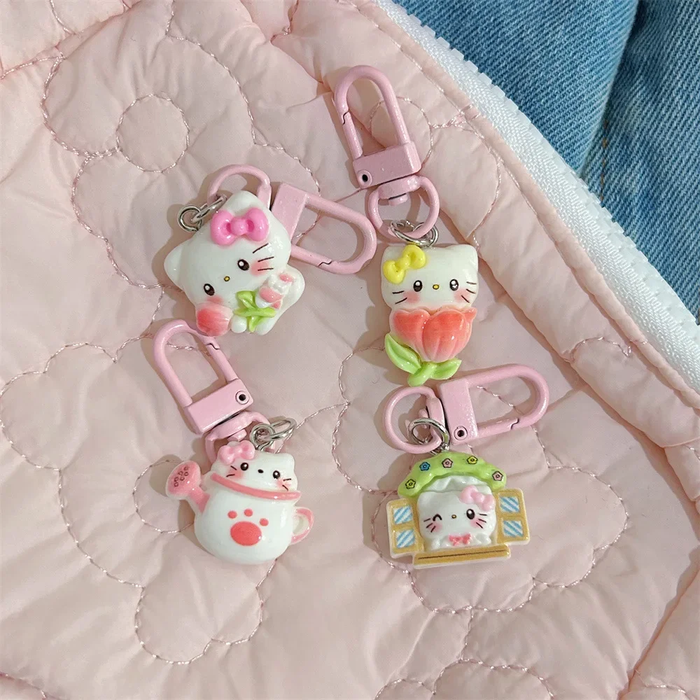 Sanurgente-Porte-clés série Hello Kitty pour filles, fleur de dessin animé mignon, décoration de pendentif de sac à dos doux, cadeaux de vacances pour meilleurs amis