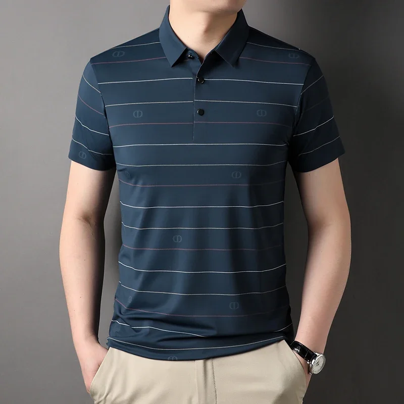 Ice Silk Cool Lapel Polo-Shirt Boys Summer Clothes for Men T-shirt Middle-aged Casual Seamless Striped Tops Tee S6038