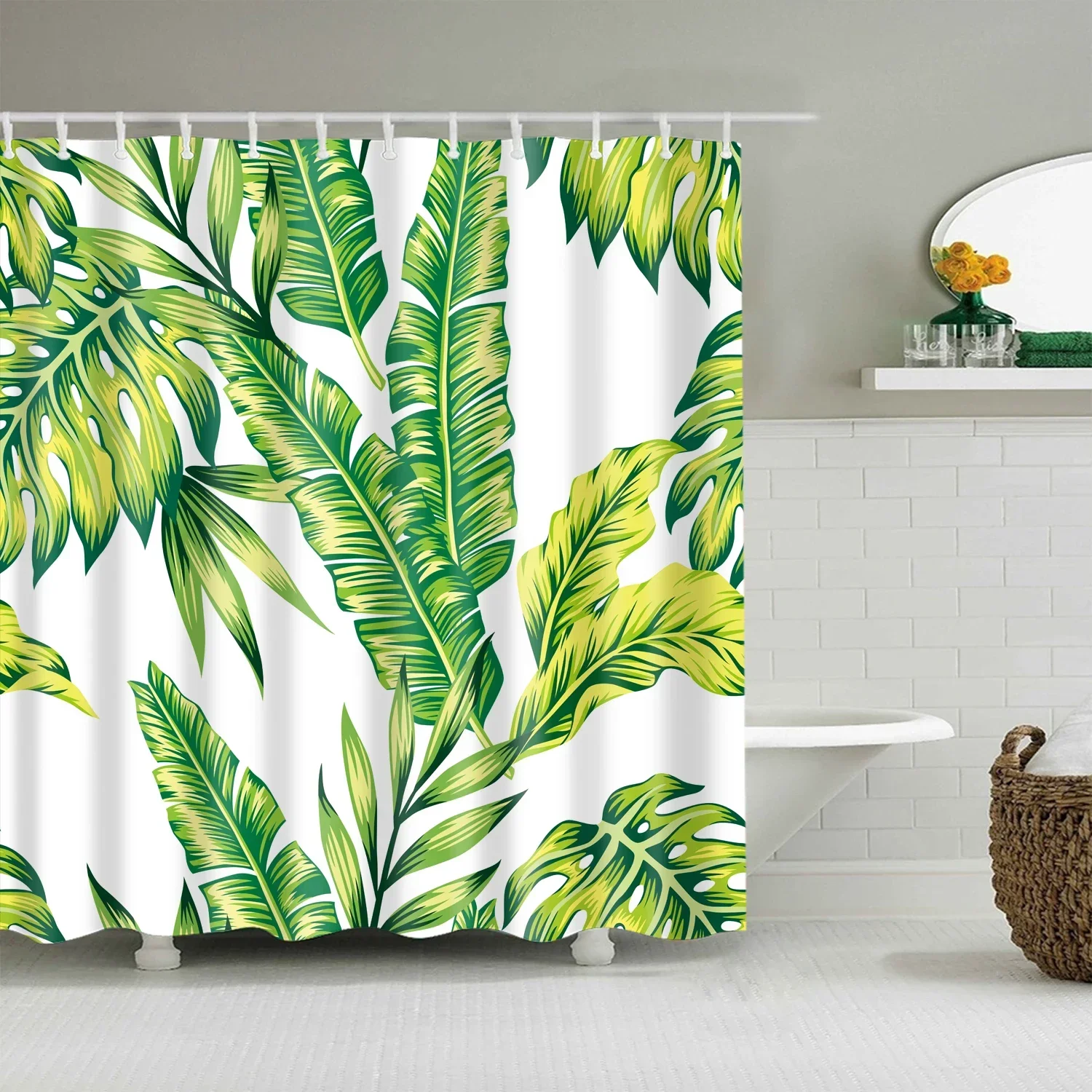 Tropical Green Leaf Palm Cactus Shower Curtain Landscape Bathroom Curtain Waterproof Polyester Shower Curtain