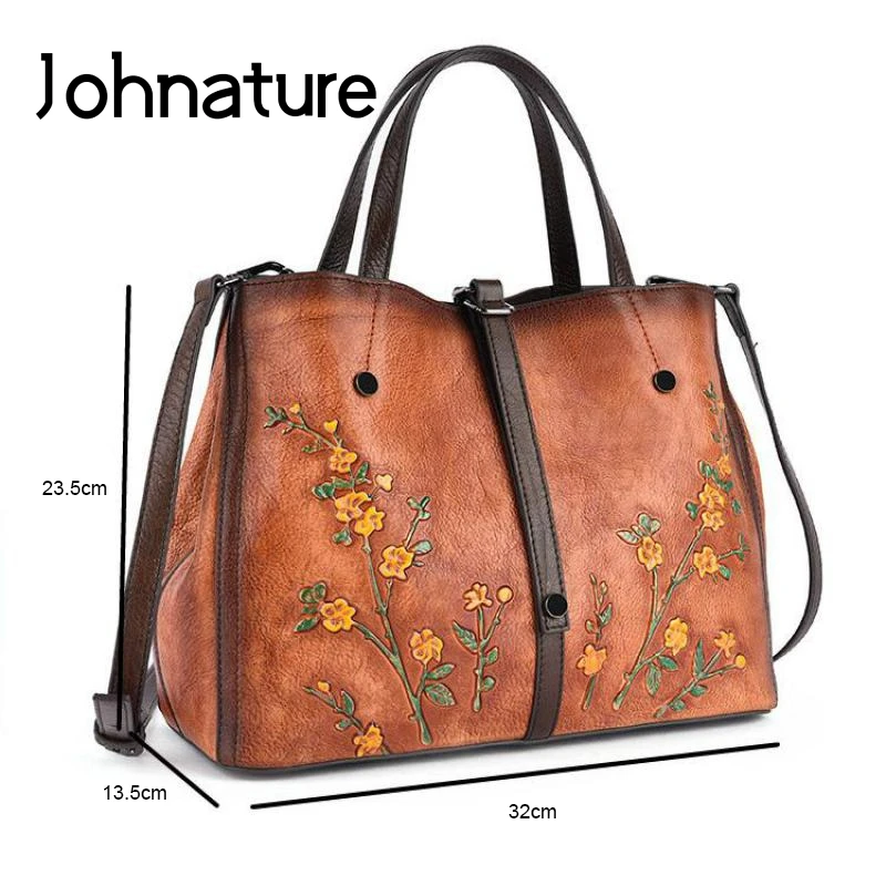 Johnature Genuine Leather Retro Embossed Women Handbags&Crossbody Bags 2024 New Large Capacity Cowhide Fashion Floral Totes