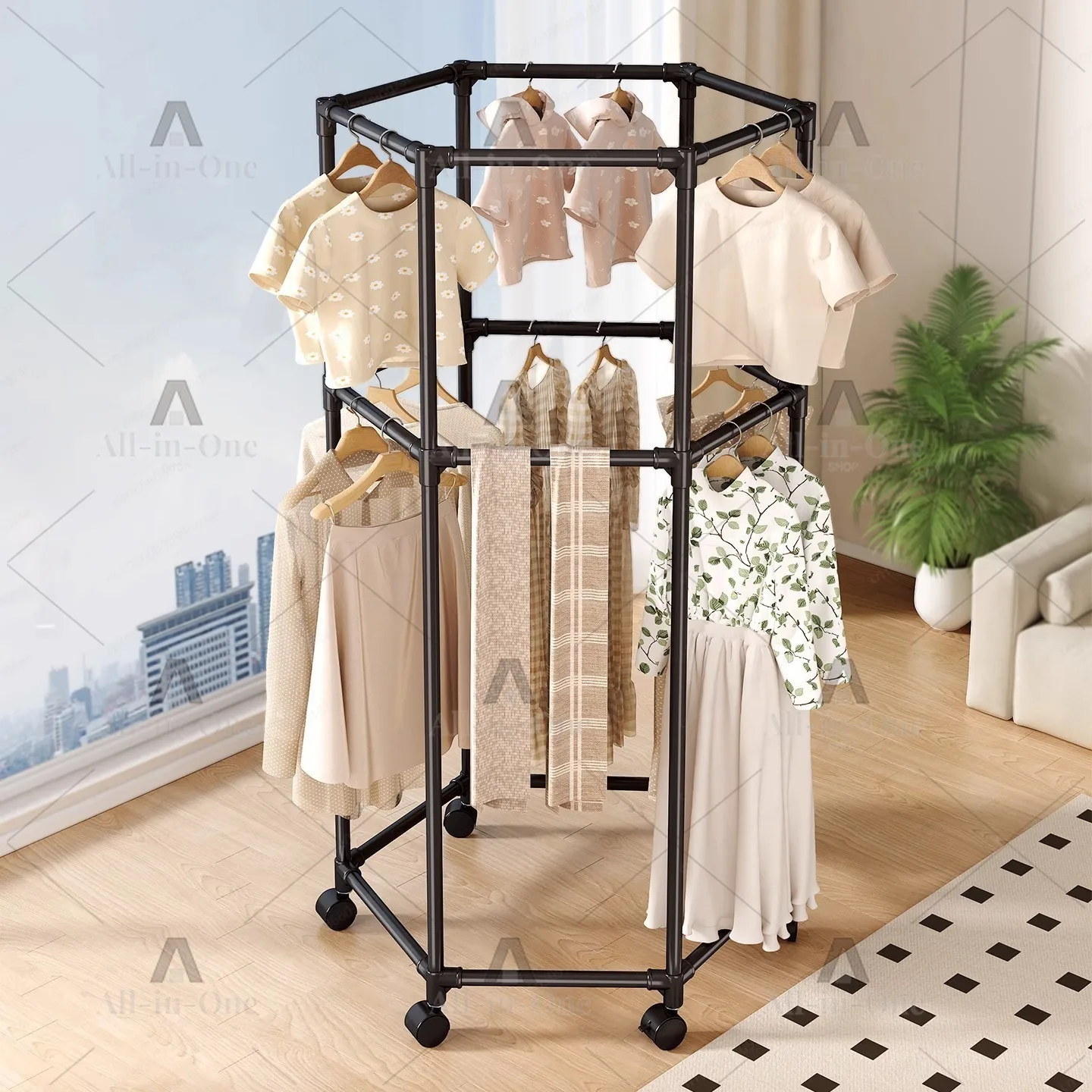 Movable Rotating Clothes Drying Rack, Hexagonal Multi-layer Bathroom Crevice Rack