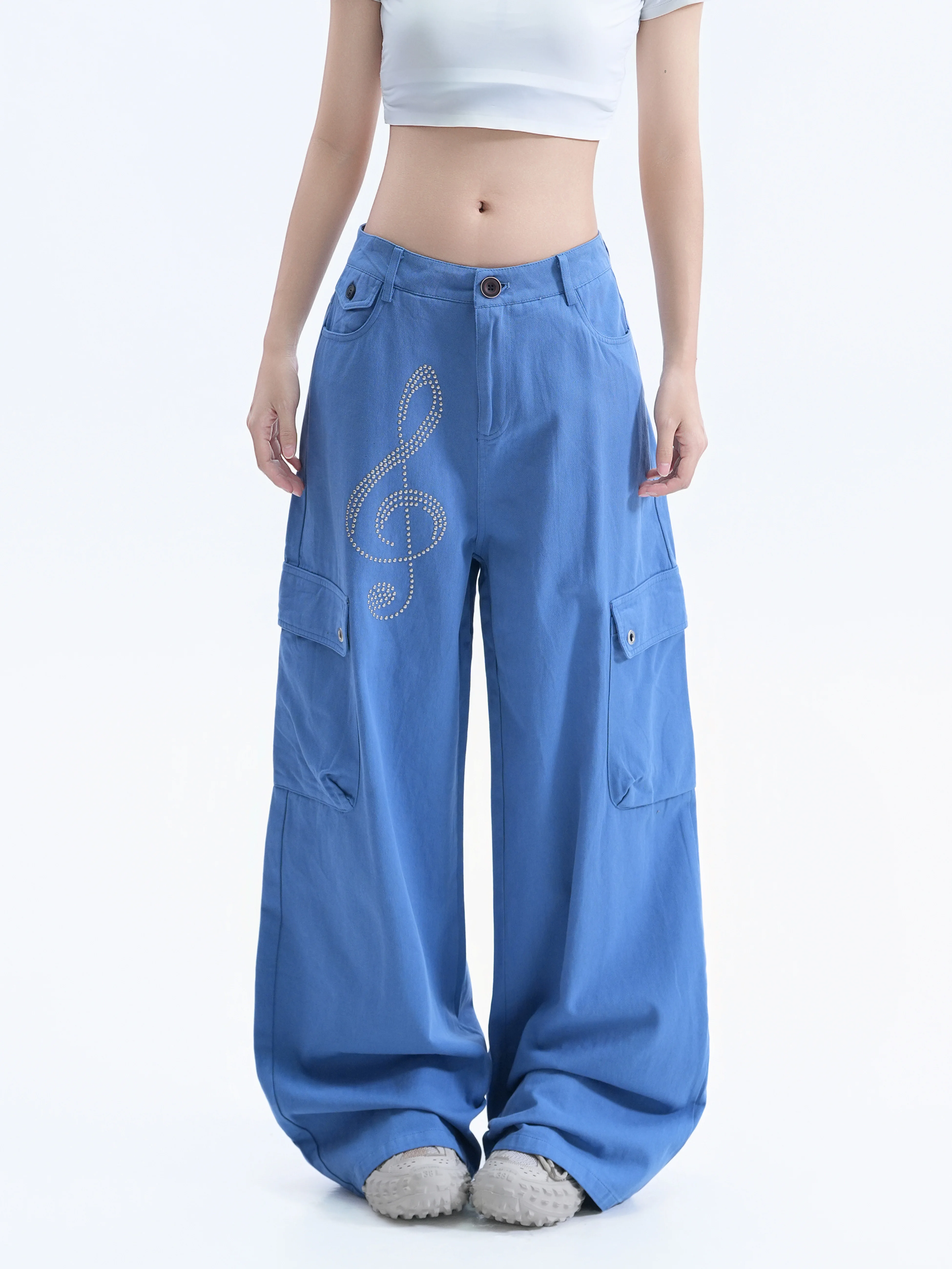 American Style Workwear Wide Leg Pants Women's Note Embellished Loose Casual Straight Loose Couple Long Trousers