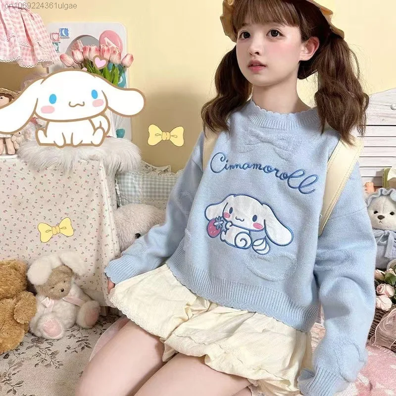 Sanrio Kuromi Melody Cute Soft Girl Embroidered Round Neck Sweater Autumn Winter Short Knitted Top Women Japanese Style Sweaters