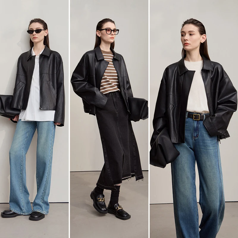 Amii cuir Dacket femmes 2025 automne nouveau minimaliste revers lâche PU cuir fermeture éclair épaule à manches longues manteau pour femme 12553062