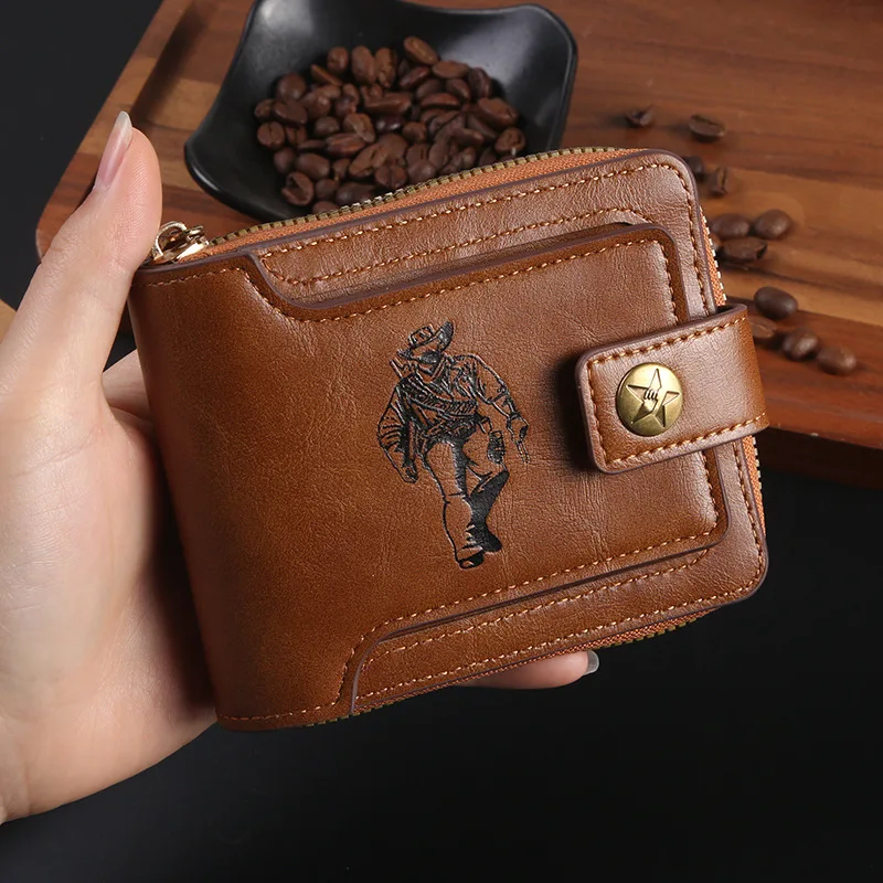 

Vintage Men's Bifold Wallet Western Theme PU Leather Zipper Closure RFID Card Organizer (British Style Slim Business Wallet)