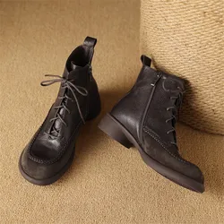 New Autumn Winter Genuine Leather Women Boots Fashion Lace Ankle Boot for Women Short Boots Shoes Chunky Heel Botines Mujer