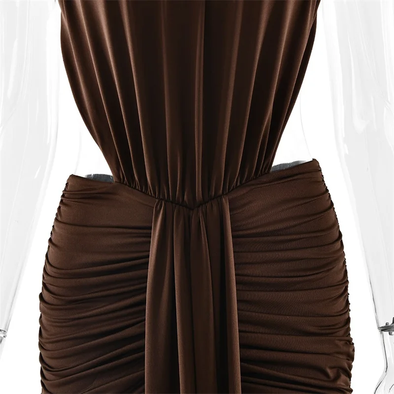 Brown Prom Dress Sexy Halter Backless Sleeveless Ruffles Sheath Long Party Gown Casual Hot Girl Formal Guest Birthday Robe view 4