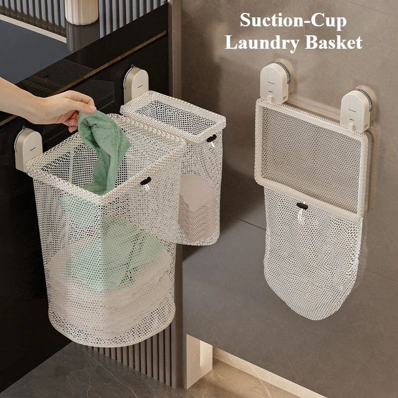 Wall-Mounted Laundry Hamper,Foldable Dirty Clothes Storage Bag,Suction Cup Hanging Basket,No-Drill Space-Saving Organizer