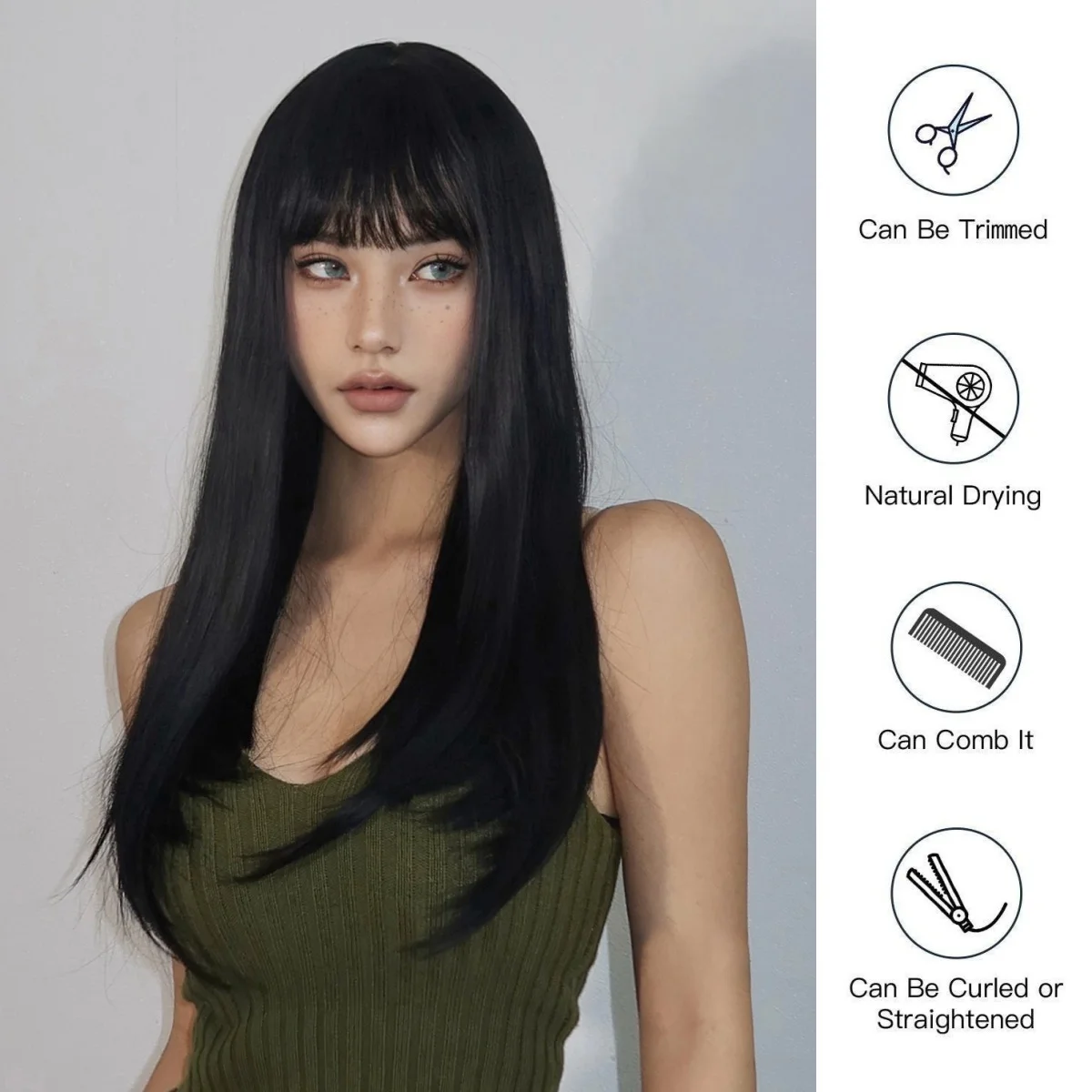 Long Straight Black Synthetic Hair Wigs with Bangs Natural Black Hair Wigs for Women Daily Party Cosplay Use Heat Resistant 26in