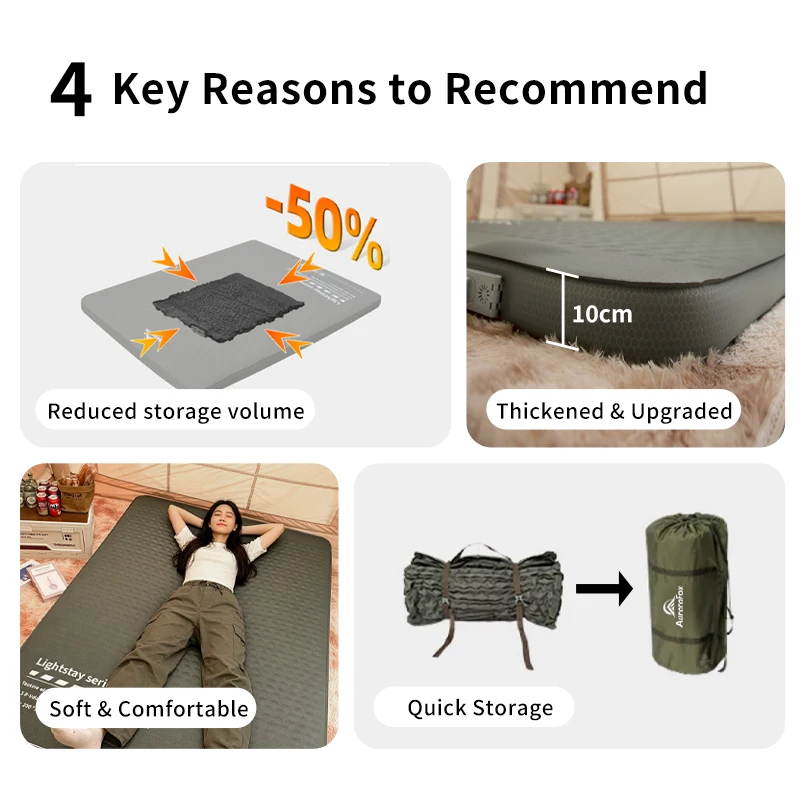 Aurora Fox Double Air Mattress 10cm Self‑Inflating Sleeping Pad Built‑In Pump Portable Air Bed For Tent Outdoor Camping Travel
