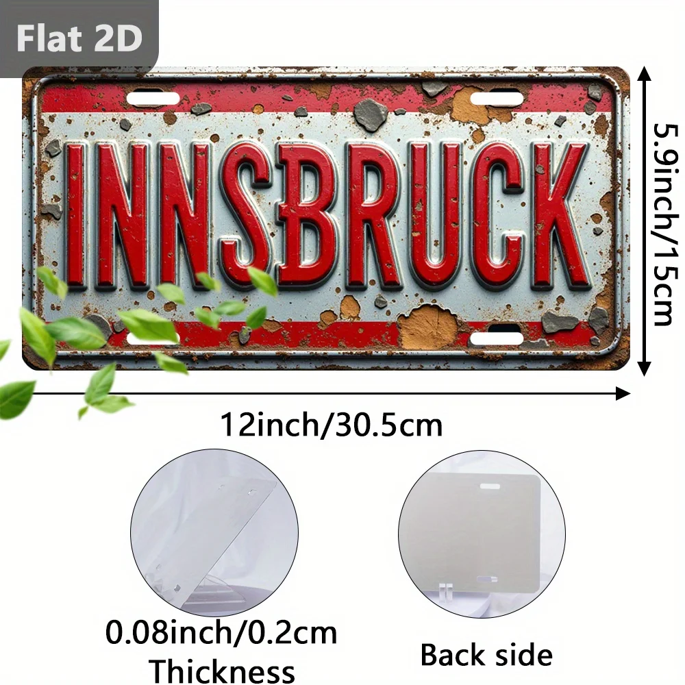 2D Flat - A Vintage Sign Featuring a 2D Printed Design, Measuring 30.48 cm by 14.99 cm, Representing Innsbruck, Austria. This Ru