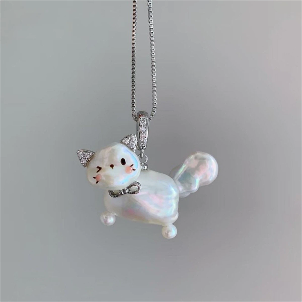 Niedliche Barock-Perlen Katzen-Anhänger Halskette Kawaii Tier Schleife Kätzchen Halskette Damen Mode Schmuck Geschenk – Detail 3