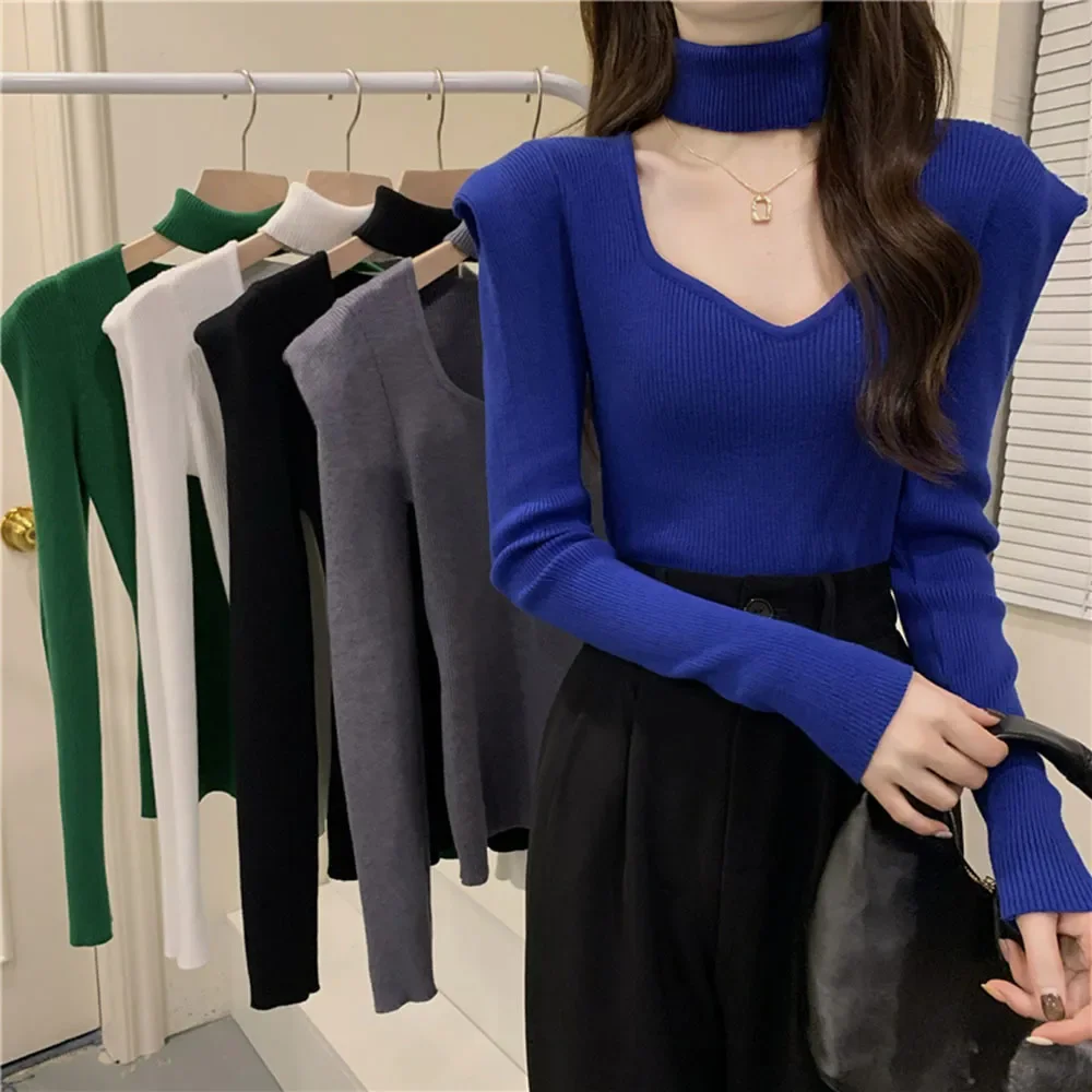 

Autumn Spring Style Women Knitted Pullover Tops Lady Casual Long Sleeve V-Neck Sweater Pullover