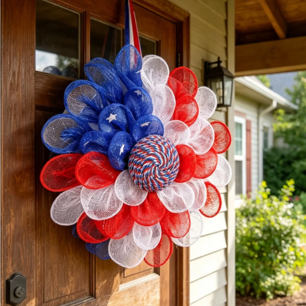 Patriotic Red White Blue Mesh Wreath for Independence Day For Outdoor Garden Door Wall Hanging 38x7x38cm Lightweight Design