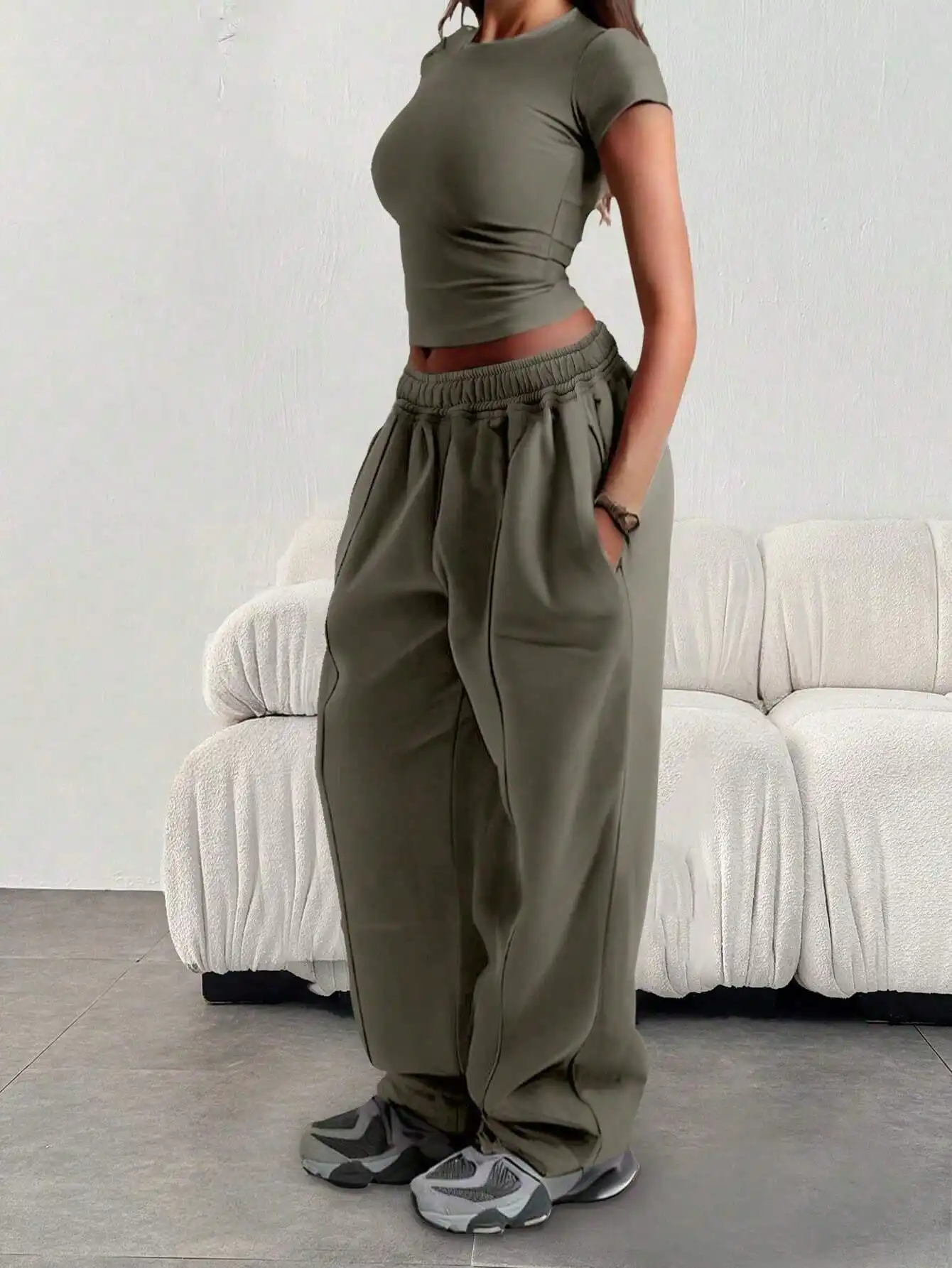 بالإضافة إلى حجم المرأة الجديدة أزياء اللياقة البدنية Sweatpants واسعة الساق مستقيم السيدات عارضة عالية الخصر بلون السراويل الرياضية #6