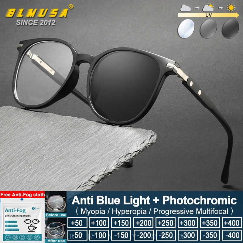 

BLMUSA (L) Retro Square Frame Photochromic Prescription Reading Glasses Men Women Blue Light Filter Myopia Optical Eyeglasses