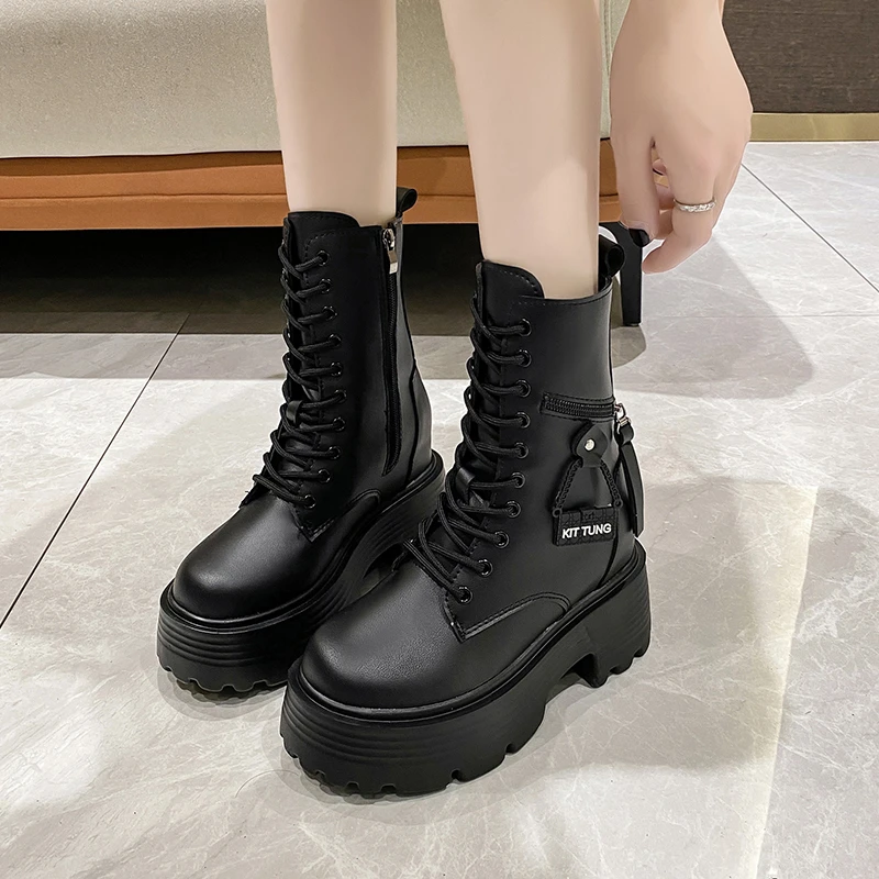 Botas con cordones de alta calidad para mujer, zapatos de estilo británico con punta redonda y plataforma de tubo medio, a la moda, 2023