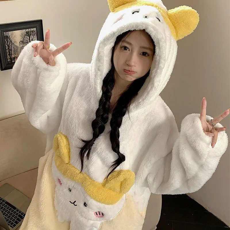 Kawaii Chiikawa Coral Velvet Hooded Pajamas for Girls Cartoon Hachiware Usagi Jumpsuit Pajamas Women's Velvet Home Clothes Warm