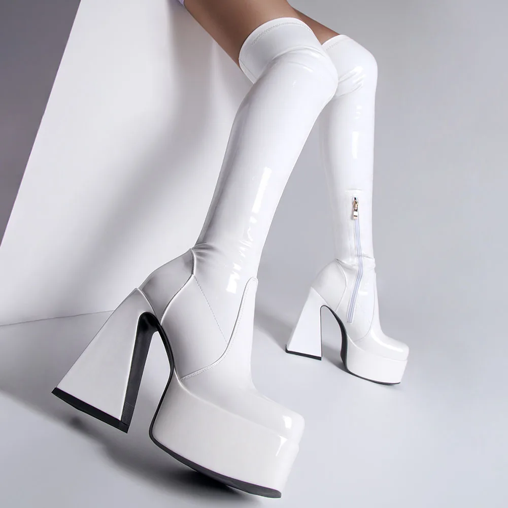 Platform Over The Knee High Boots 2022 Brand Design Zipper White Black Fashion Motorcycle Boots Sexy Party Walking Comfy Shoes