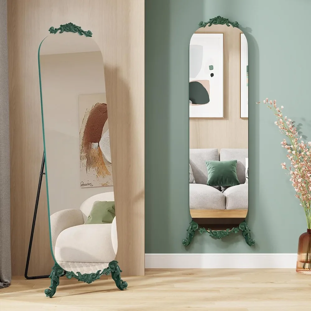 Vintage elegante gotische gesneden gebogen spiegelstandaard over de volledige lengte, 61,5 H x 20 W grote wandspiegel, groen modern decoratief