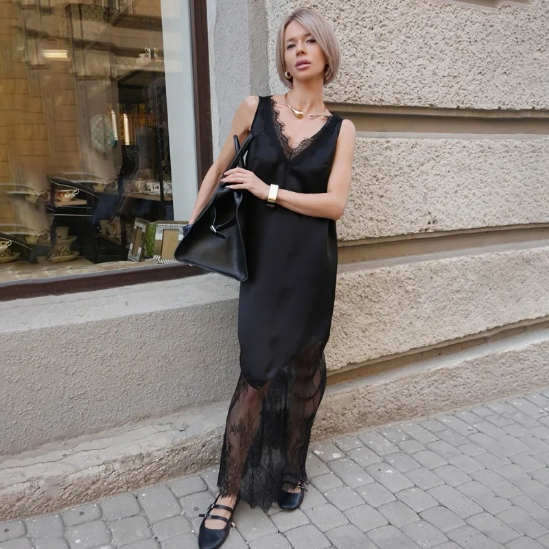 Talenza noir Satin dentelle robe élégante nouvelle dentelle Patchwork transparent robe sans bretelles mode décontracté fête Sexy femmes robes