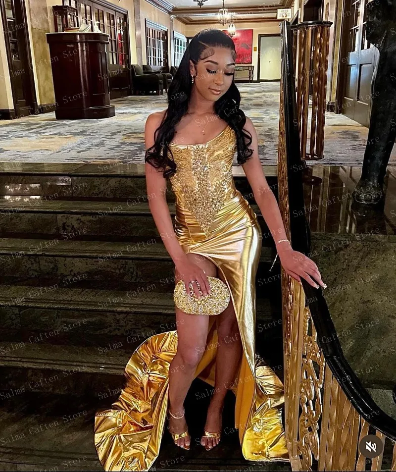 One Shoulder Golden Appliques Satin Dress With Slit Floor Length Elegang Mermaid Dresses Custom Made Women Clothing Free Shippin