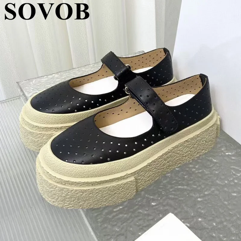 Genuine Leather Hollowing Out Flat Shoes Women's Thick Bottom Heighten Single Shoes Spring Autumn Walking Shoe Mary Jane Shoes