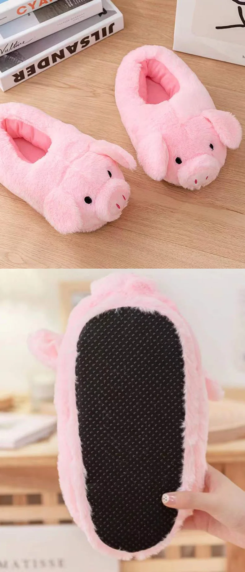 Nettes Schwein Winter Neue Frauen Slipper Ferse Abdeckung Warme Hausschuhe Weiches Fell Innen Bequeme Flauschigen Hause Rutschen Mädchen Cartoon Schuhe – Detail 7
