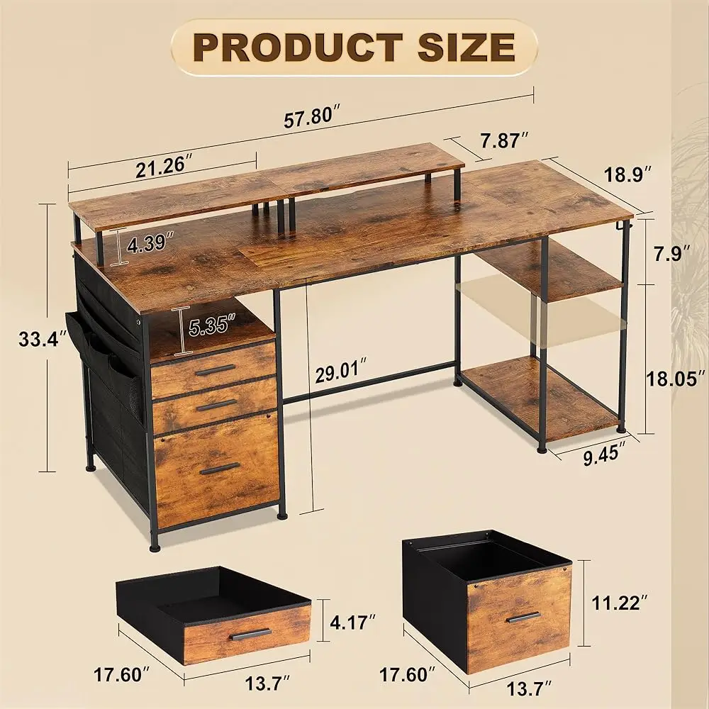 Computer Desk With 3 File Cabinet Drawers, 57.8'' Reversible Gaming Desk, Office Desk With Storage Shelves And Dual Monitor
