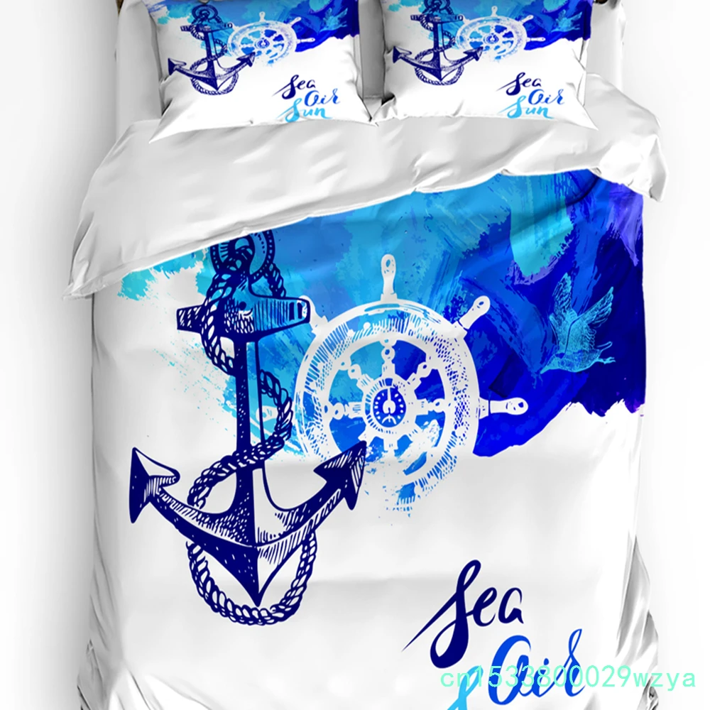 Art Design Blue Anchor Rudder Bedding Set 3pcs Duvet Cover Pillowcase Kids Adult Quilt Cover Double Bed Set Home Textile