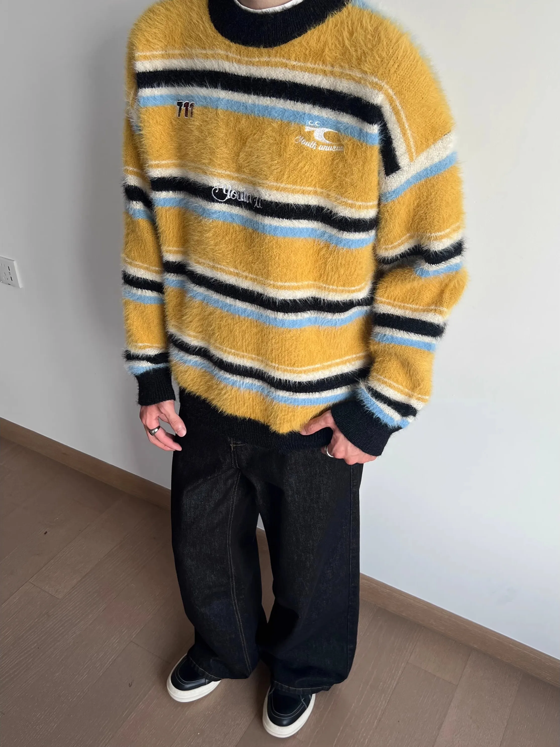 

American Retro Loose Fit Men's Knitted Sweater Simulation Mink Stripes round Ne Casual Long Sve Warm Polyester Fiber