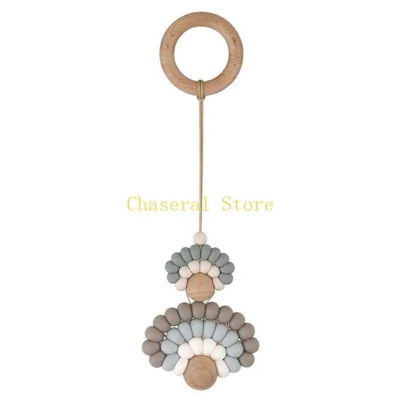 E7CE Baby Gym Frame Pendants Wooden Ring Silicone Beads Teether Stroller Rattle Infants Newborn Teething Nursing Molar