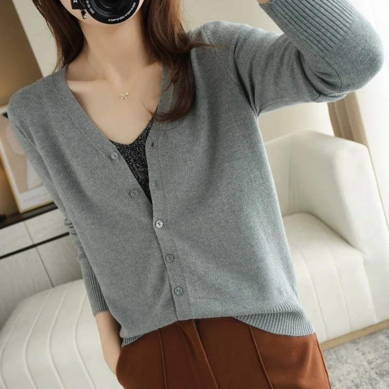 Rimocy Basic V Neck Single Breasted Sweater Women Korean Long Sleeve Knitted Cardigan Woman Solid Color Wild Cardigans Ladies