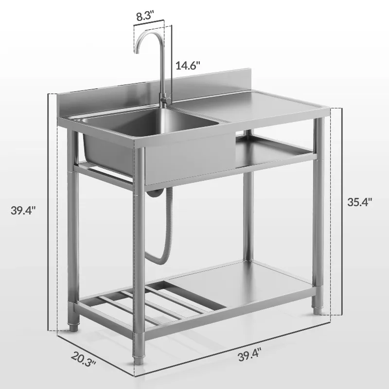 

Outdoor Sink Independent Single Bowl Kitchen Sink Stainless Steel Hot and Cold Water Pipe Storage Shelf Practical Sink