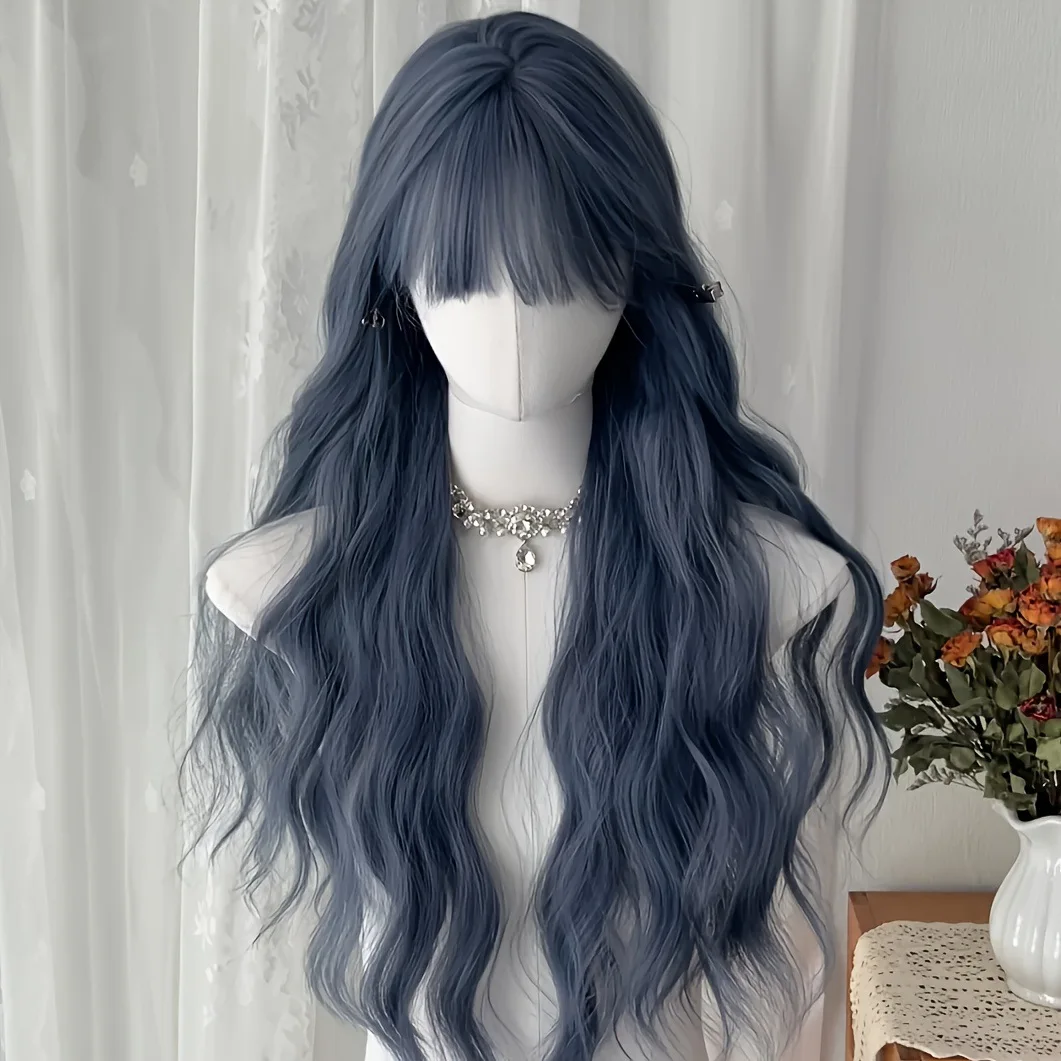 

European and American long curly hair haze blue Qi bangs water ripple chemical fiber high temperature silk mechanism headgear wi