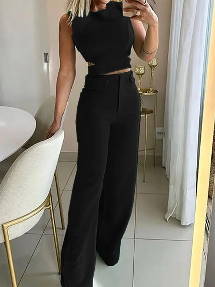 중공 넓은 다리 바지 세련된 복장, 여성 여름 짧은 탑 민소매 2PCS 세트, 2025 솔리드 패치 워크 O 넥 간단한 숙녀 정장