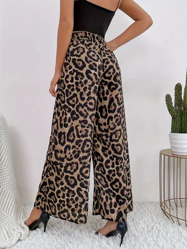 Imagen 2 del producto Pantalones de pierna ancha informales sueltos con colgante de cintura elástica con estampado de leopardo a la moda de primavera y otoño para mujer europea y americana