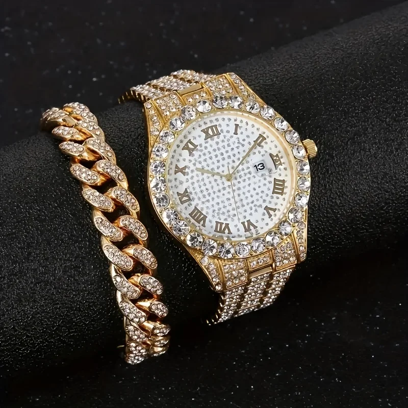 2pcs/set Elegant Water Diamond Watch and Cuban Chain - Sparkling Cubic Zirconia, Perfect Gift for Him or Her