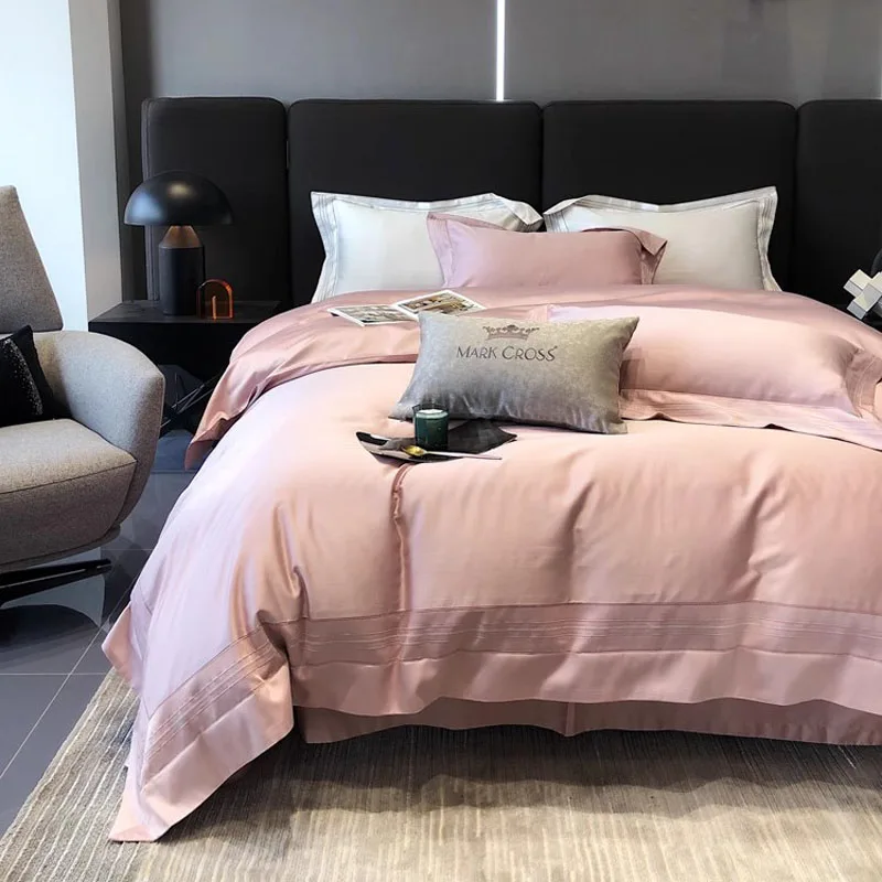 

2024 Hot Sale Long-staple Cotton Four-piece Bed Linen New Plain Color Cotton Bedding Simple Nordic Style Fashion Pink Color