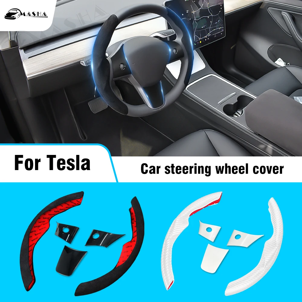 

5PCS For Tesla Model 3 Y 2017-2020 2021 2022 2023 Accessories Carbon Fiber Interior Car Steering Wheel Panel Trim Cover Sticker