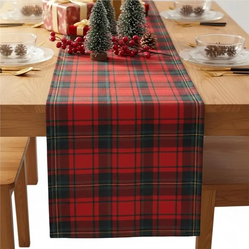 PORK-Red Green Christmas Tartan Plaid Table Runner 72 X 13 Inch 2 Pcs Scottish Decor For Kitchen Holiday Dinner