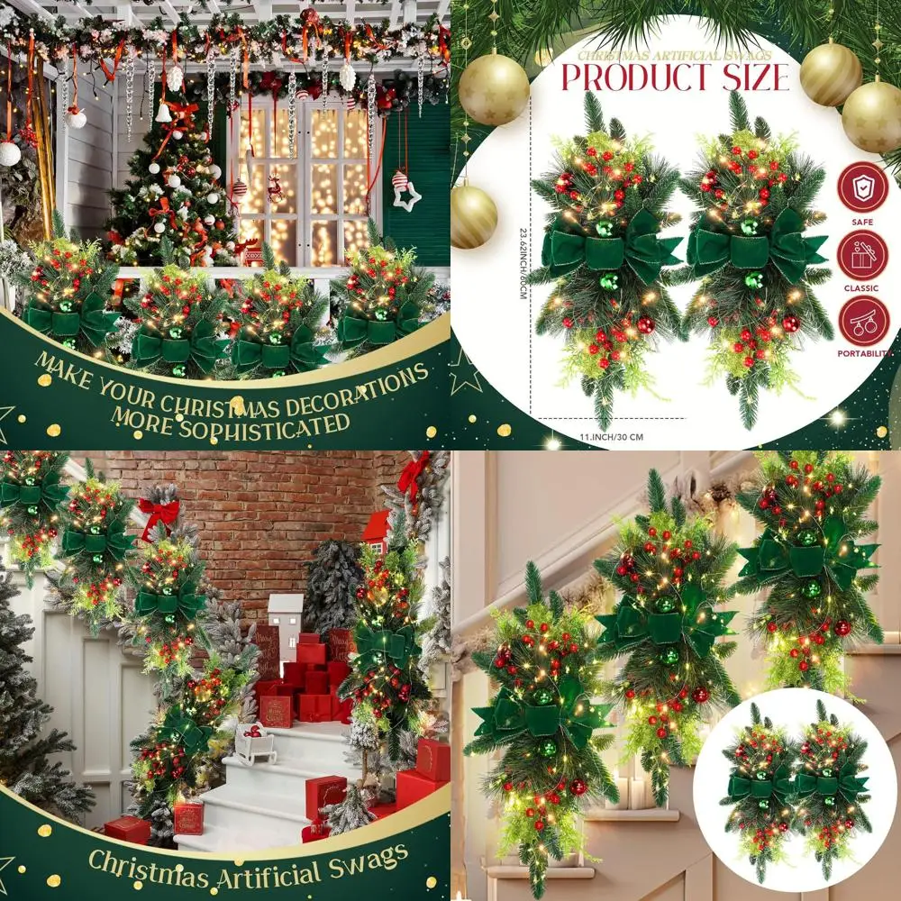 

24 беспроводных рождественских капли с предварительной подсветкой, отделкой в виде капли и венком для праздничного декора на открытом воздухе и дома (зеленая лента)