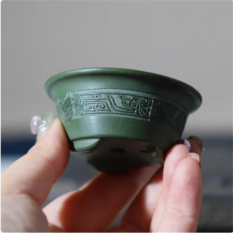 Ceramic Carved Mini Bonsai Pot,Small Vase, Green Clay,Purple Sand,Dragon Pattern,Home, Office, Desk, Table, Garden Decoration