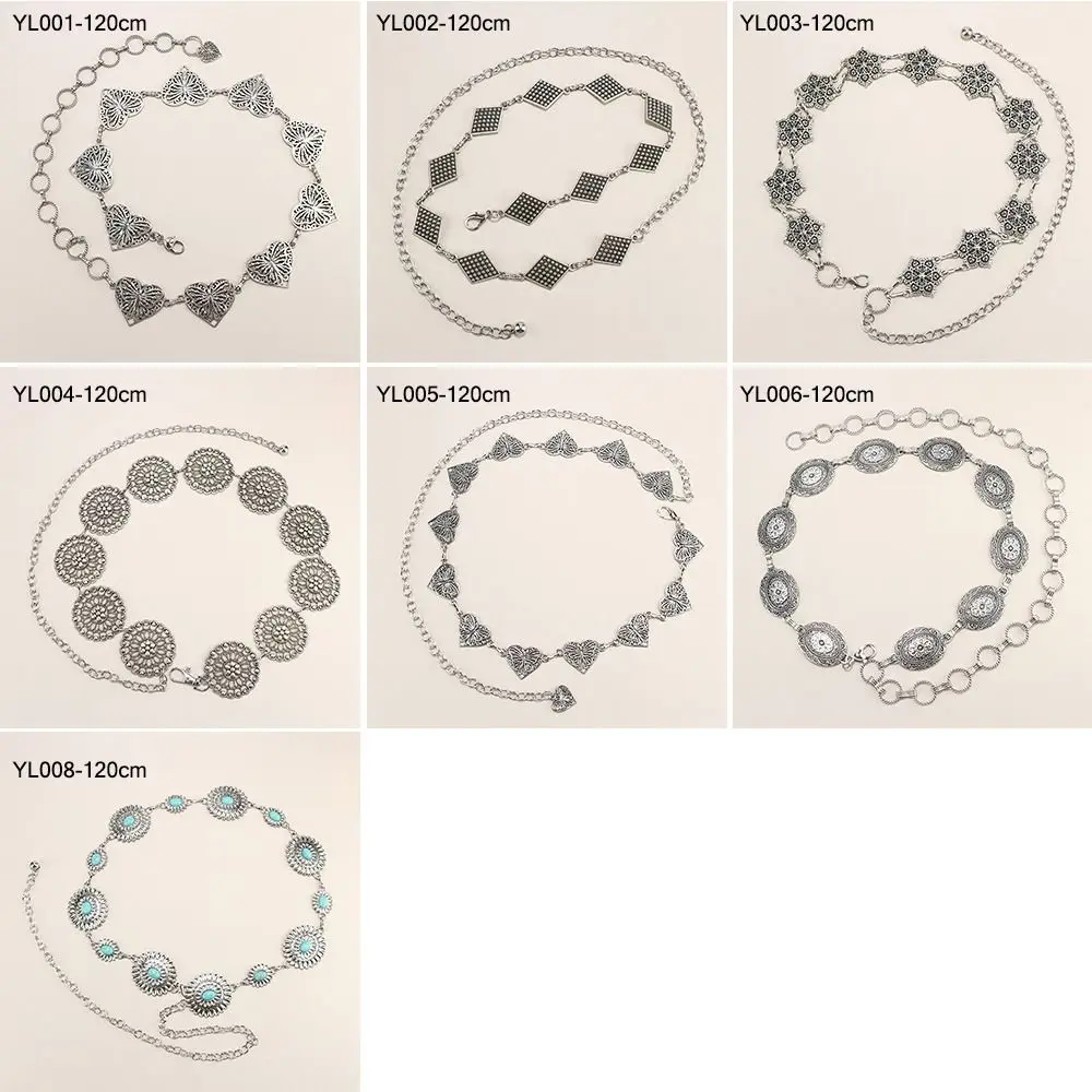 Cinturón de cadena de cintura ajustable de Metal Retro, cinturón decorado bohemio plateado, cinturones de vaquera occidental ajustados para mujer