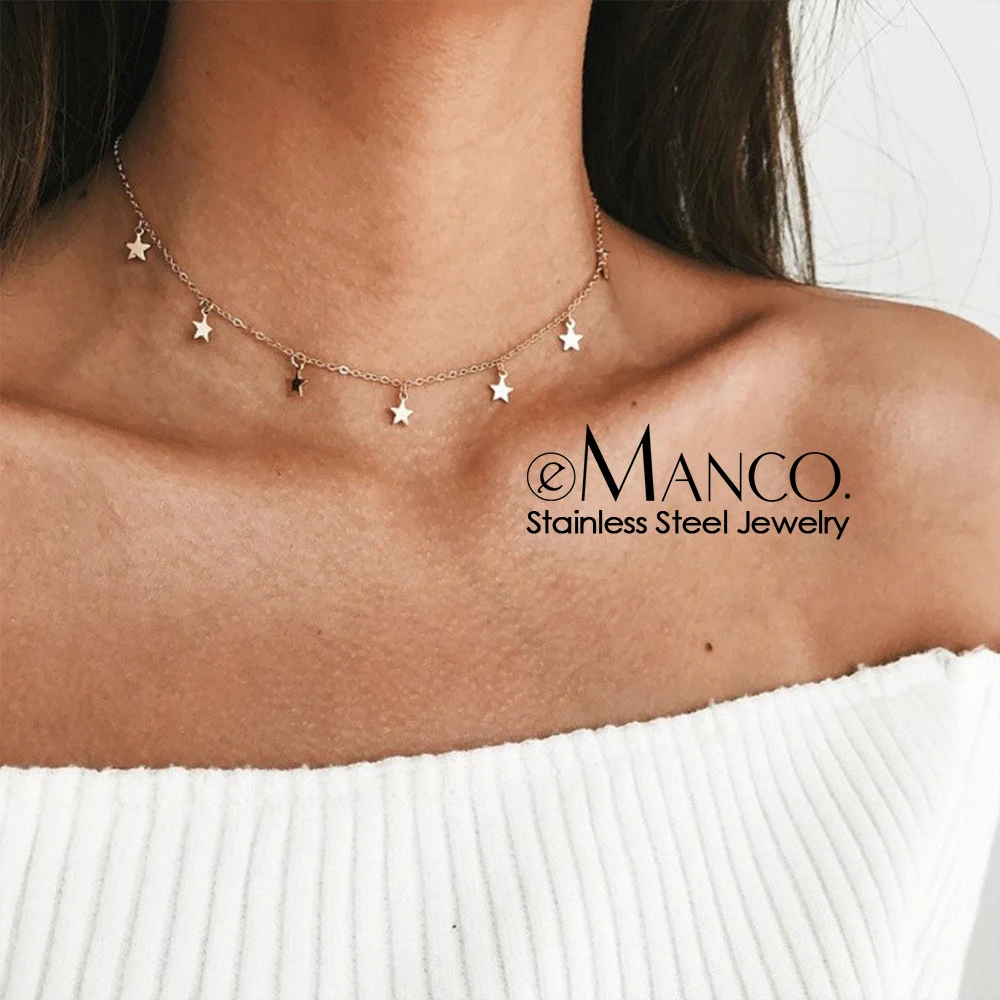 EManco Star Moon Choker Necklaces Gold Color for Women\'s Pendant Necklace Jewelry Simple Ladies Pentagon-Star Stainless Steel